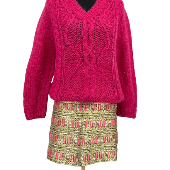 J Mc‎ Laughlin Hot Pink Gold Metallic Jacquard A Line Skirt Size 8 - Picture 1 of 7